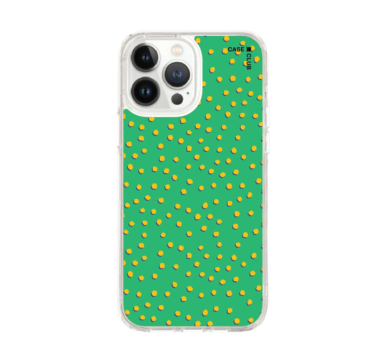 iphone 12/ 13 pro max clear case yellow & green brush polka dots